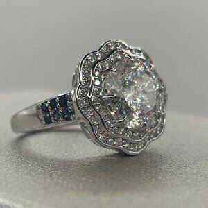 NEW 120 Faceted Moissanite and Blue Sapphire 4.10 ctw Vintage Halo Ring. Size 7